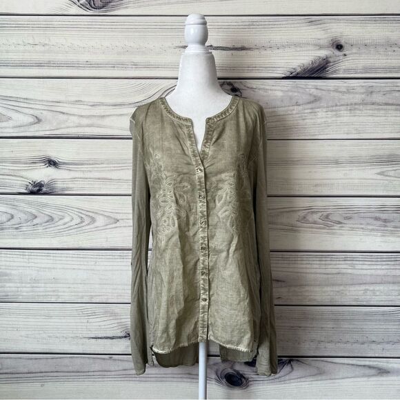 Symmetry Sage Green Embroidered Button Down Blouse - Picture 1 of 7